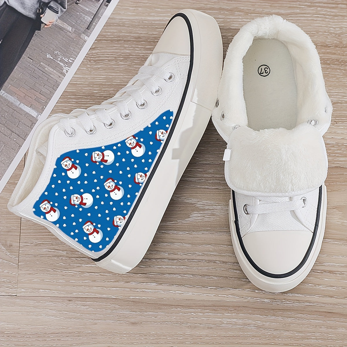 Christmas Snowman Print Plush Lined Thermal Chunky Canvas Sneakers