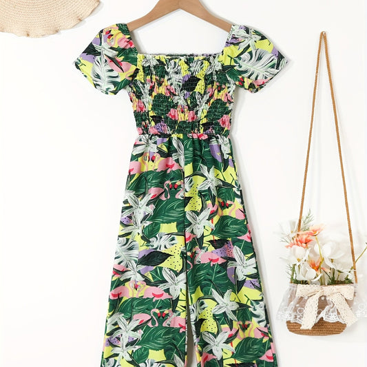 Toddler Girls Flowers Puff Sleeve Rompers Wide Leg Jumpsuits