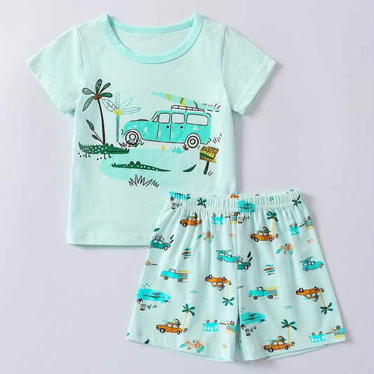 Kids Cartoon Vacation Outfit Set - Short Sleeve T-shirt & Casual Shorts