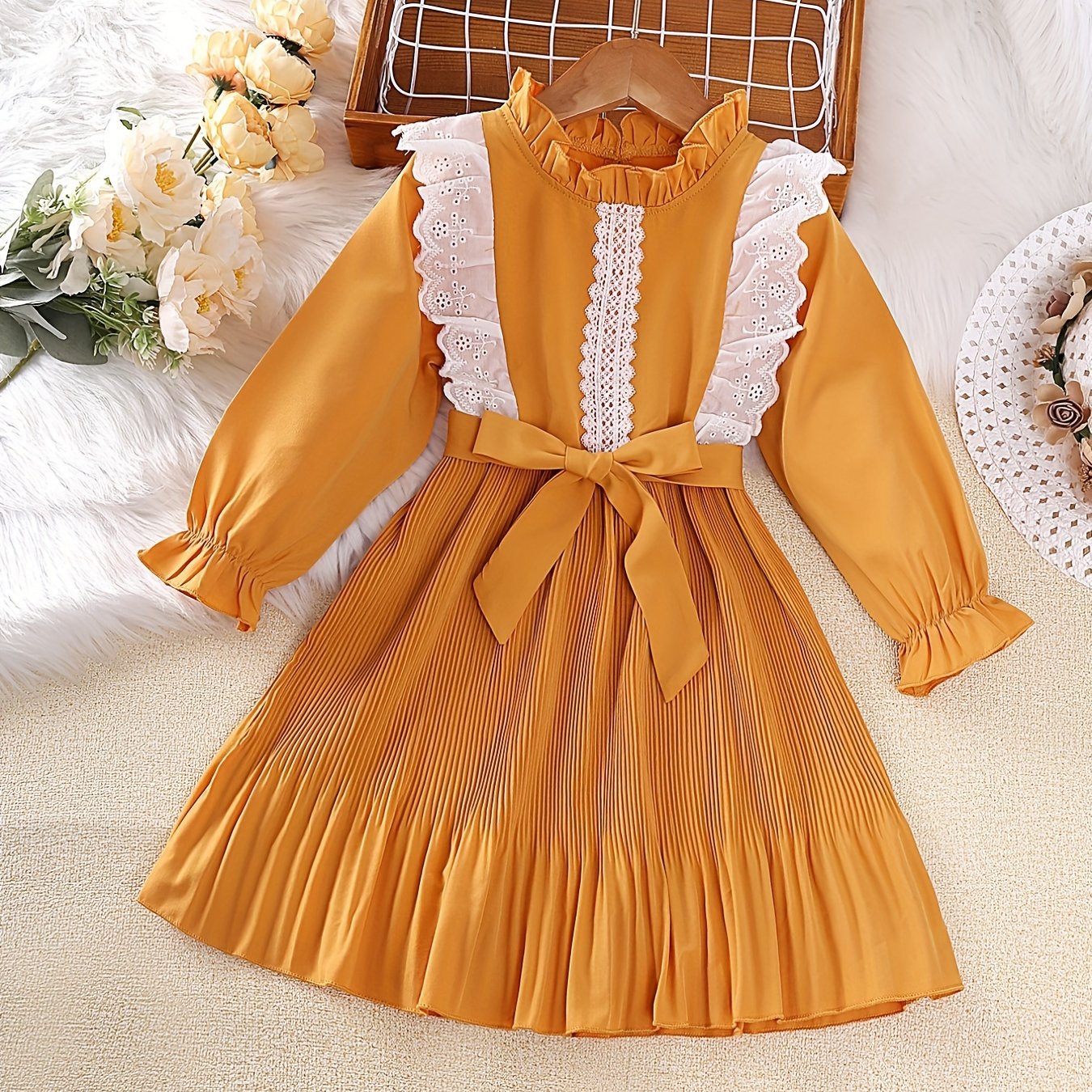Girls' Ruffle Collar Flutter Lace Long Sleeve Casual Dress