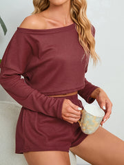 Solid Pajama Set Long Sleeve Top & Shorts Women's Sleepwear
