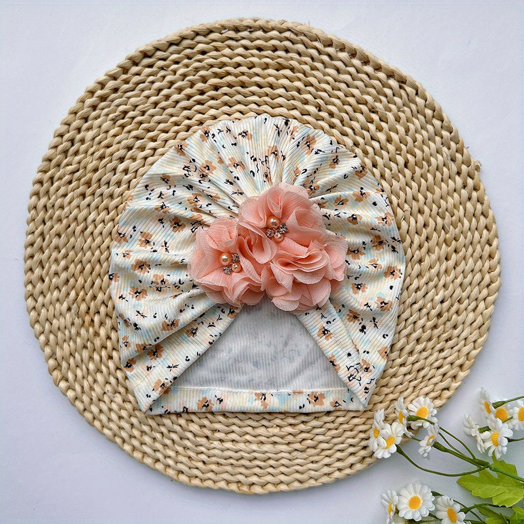 Baby Floral Pattern Beanie with Pearl Decoration