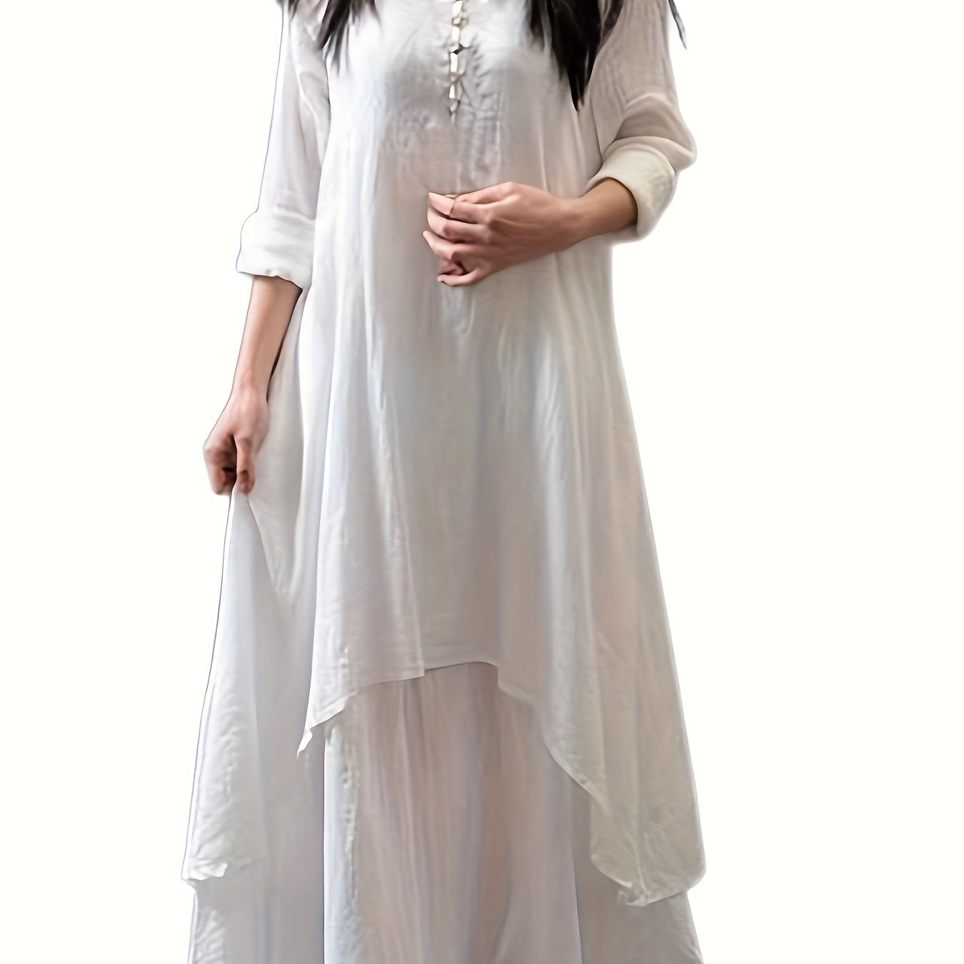Solid Button Decor V Neck Maxi Dress