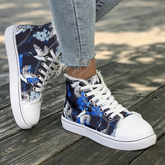 Women's Floral High Top Canvas Sneakers Lace Up Flat Shoes