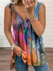 Vintage Tie Dye Sleeveless Top V Neck Zipper Summer Women's Clothing