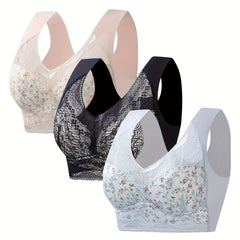 Floral Lace Sports Bra Wirefree Comfortable Fitness Yoga Bra Women's Activewear