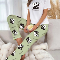 Panda Print Pajama Set Short Sleeve Crew Neck Top & Pants Women's Sleepwear