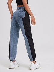 Colorblock High Waist Straight Jeans Flap Pockets Loose Fit