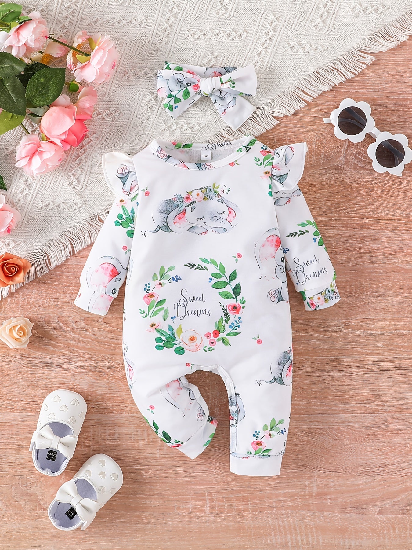 Newborn Cartoon Animal Pattern Jumpsuit & Headband 2pcs Set Baby Outfits