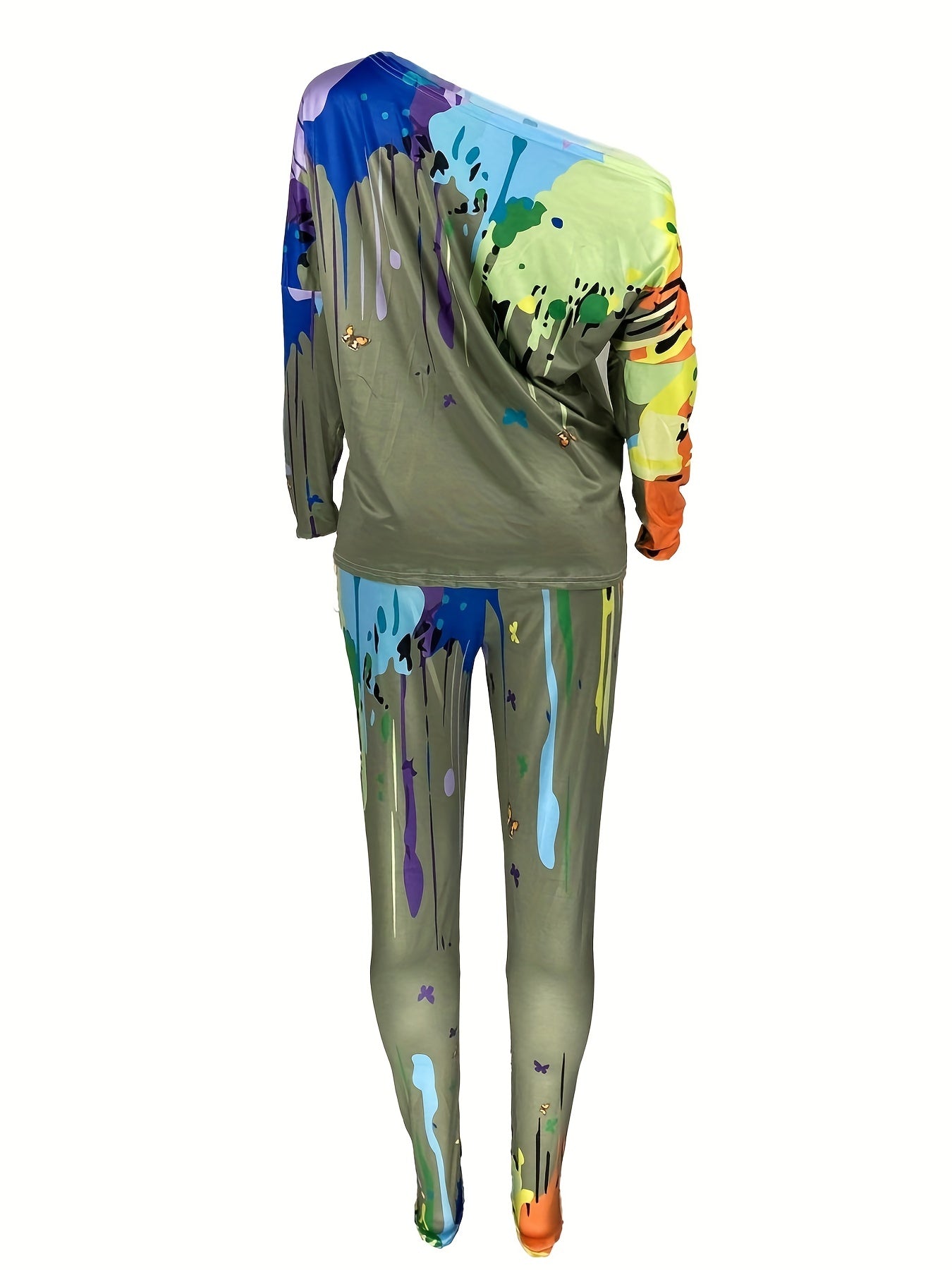 Women's Plus Painting Print Boat Neck Long Sleeve Top & Pants 2pcs Set