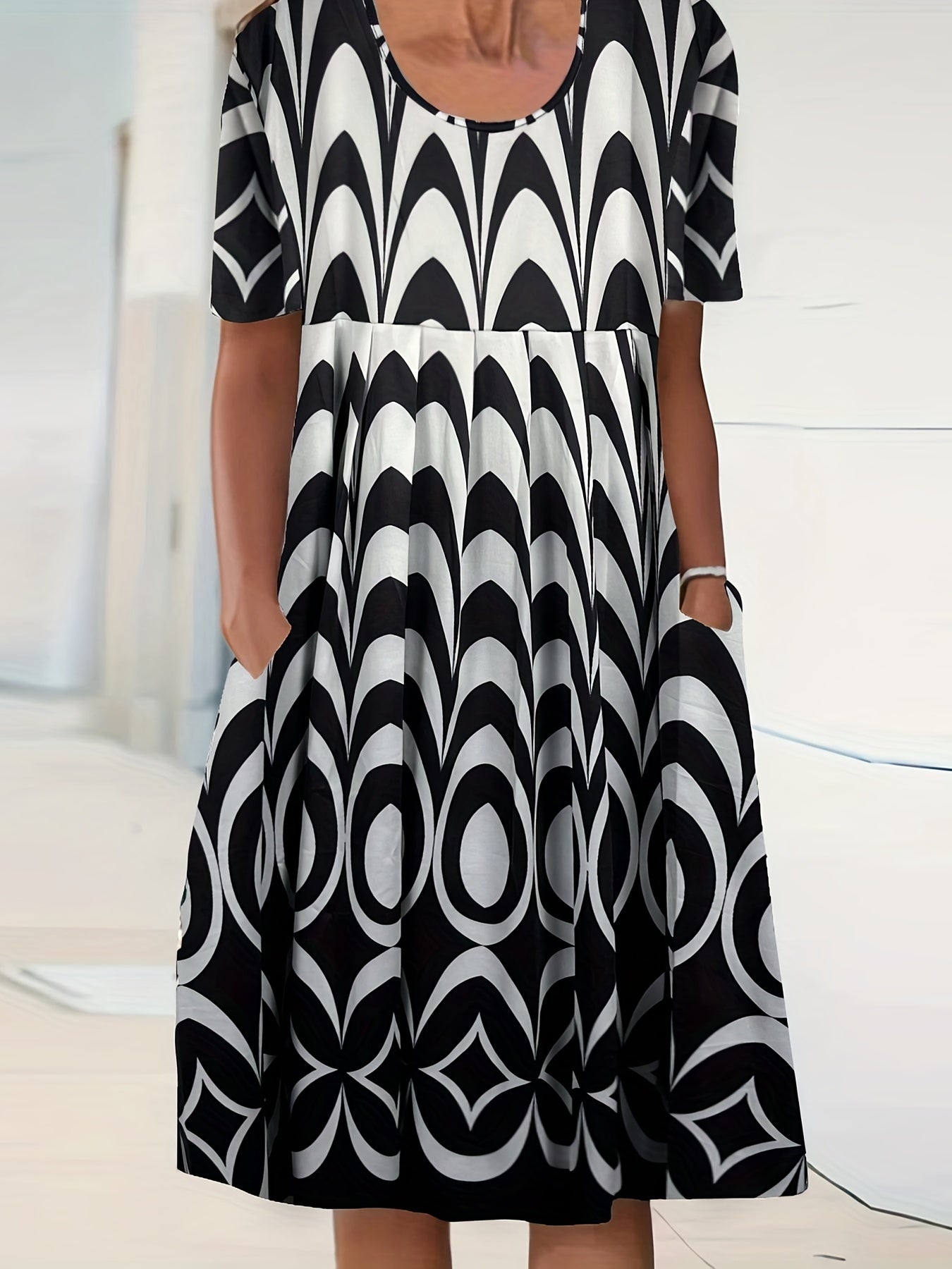 Colorblock Geometric Print Short Sleeve Dress