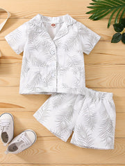 2pcs Baby Boys Leaf Print Short Sleeve Shirt & Shorts Set for Summer