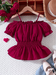 Girls Blouse Cold Shoulder Shirred Waist Short Sleeve Top Kids Summer