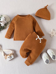Baby 3pcs Set Ribbed Knitted Tops & Long Pants & Cap Cotton Clothes