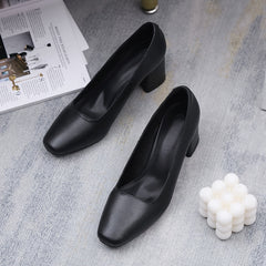 Women's Square Toe Court Pumps Black Chunky Mid Heels