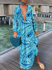 Graphic Print Long Sleeve Maxi Dress Women's Clothing