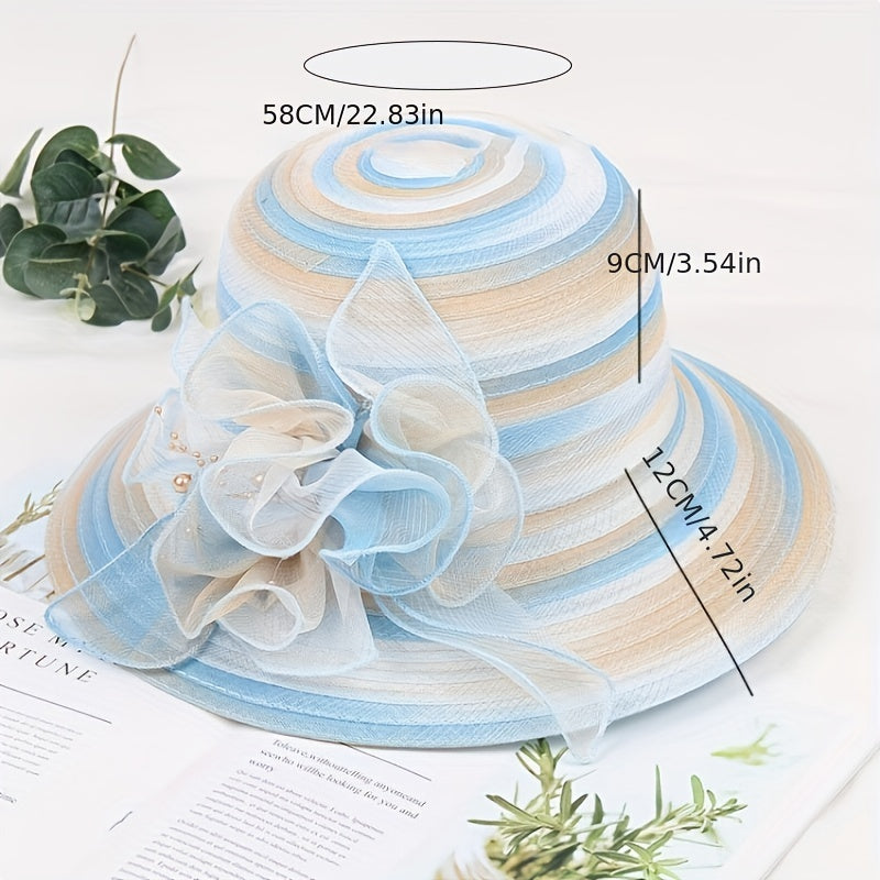 Candy Striped Sun Hat Rolled Brim Organza Flower Decor Bucket Hat