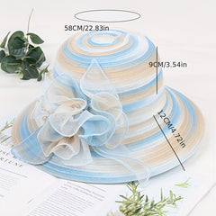 Candy Striped Sun Hat Rolled Brim Organza Flower Decor Bucket Hat