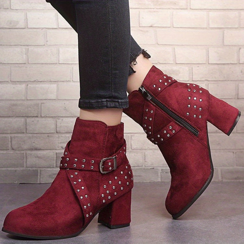 Studded Side Zipper Chunky Heel Ankle Boots