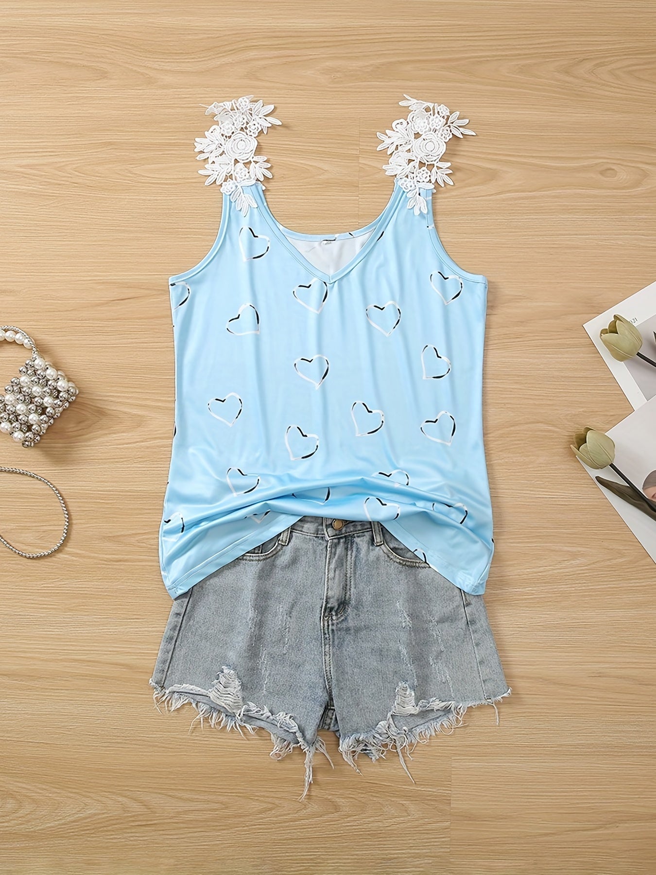 Heart Print Lace Strap Tank Top Sexy V Neck Sleeveless Summer Women's Top