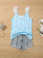 Heart Print Lace Strap Tank Top Sexy V Neck Sleeveless Summer Women's Top