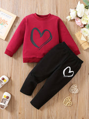 Toddler Girl's Heart Print 2pcs Sweatshirt & Sweatpants Set, Casual Outfits
