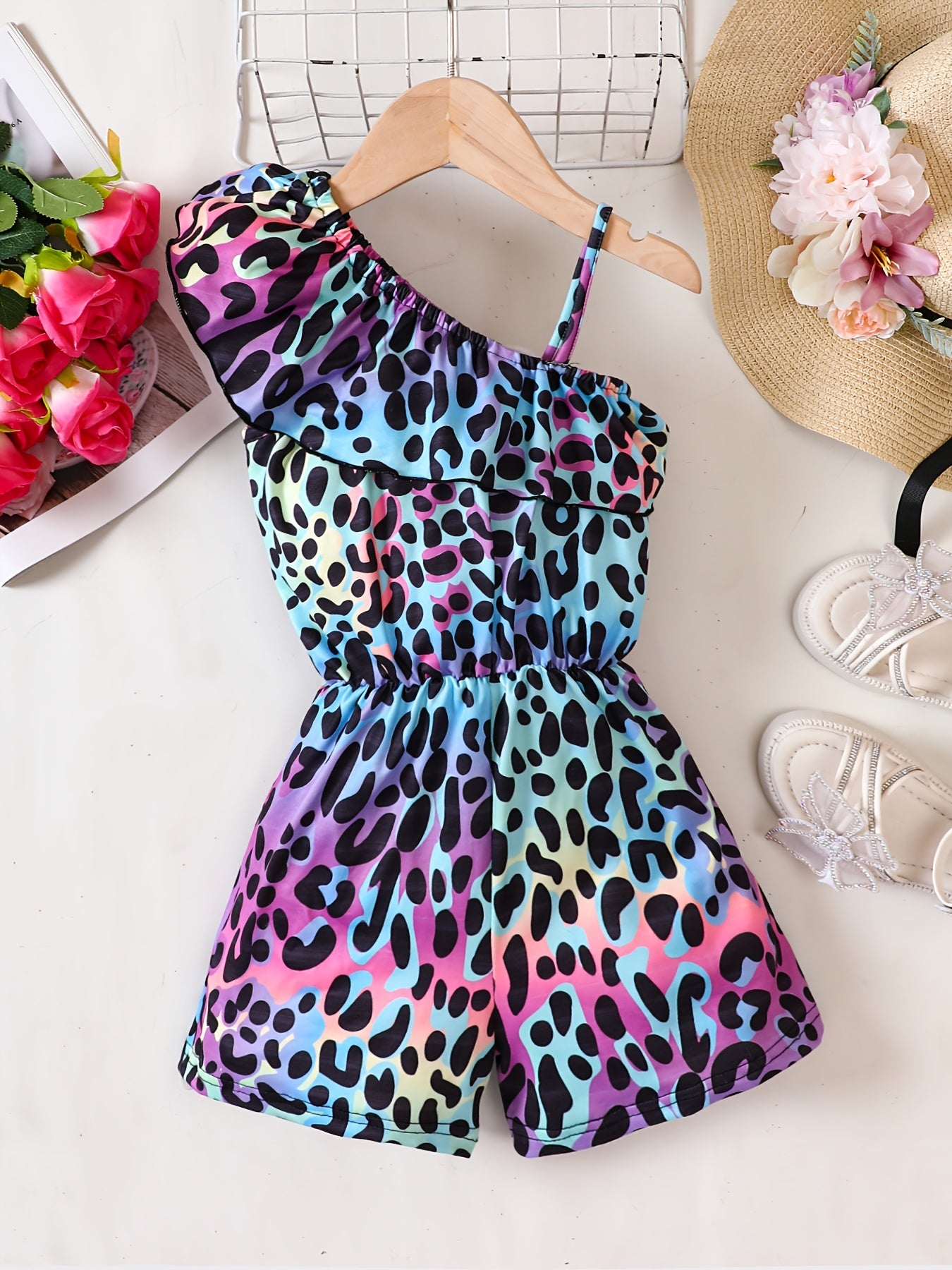 Girls Tie Dye Sleeveless Ruffle Trim Jumpsuit Kids Summer Outfit