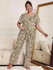 Leopard Print Pajama Set Short Sleeve Tee & Pants Lounge Set