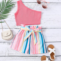 Girls 1 Shoulder Crop Top & Striped Shorts Set Kids Summer Clothes