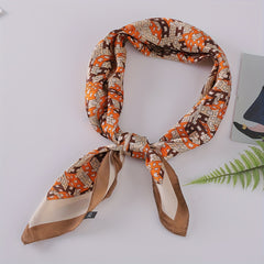 Letter Floral Print Bandana Block Satin Square Scarf