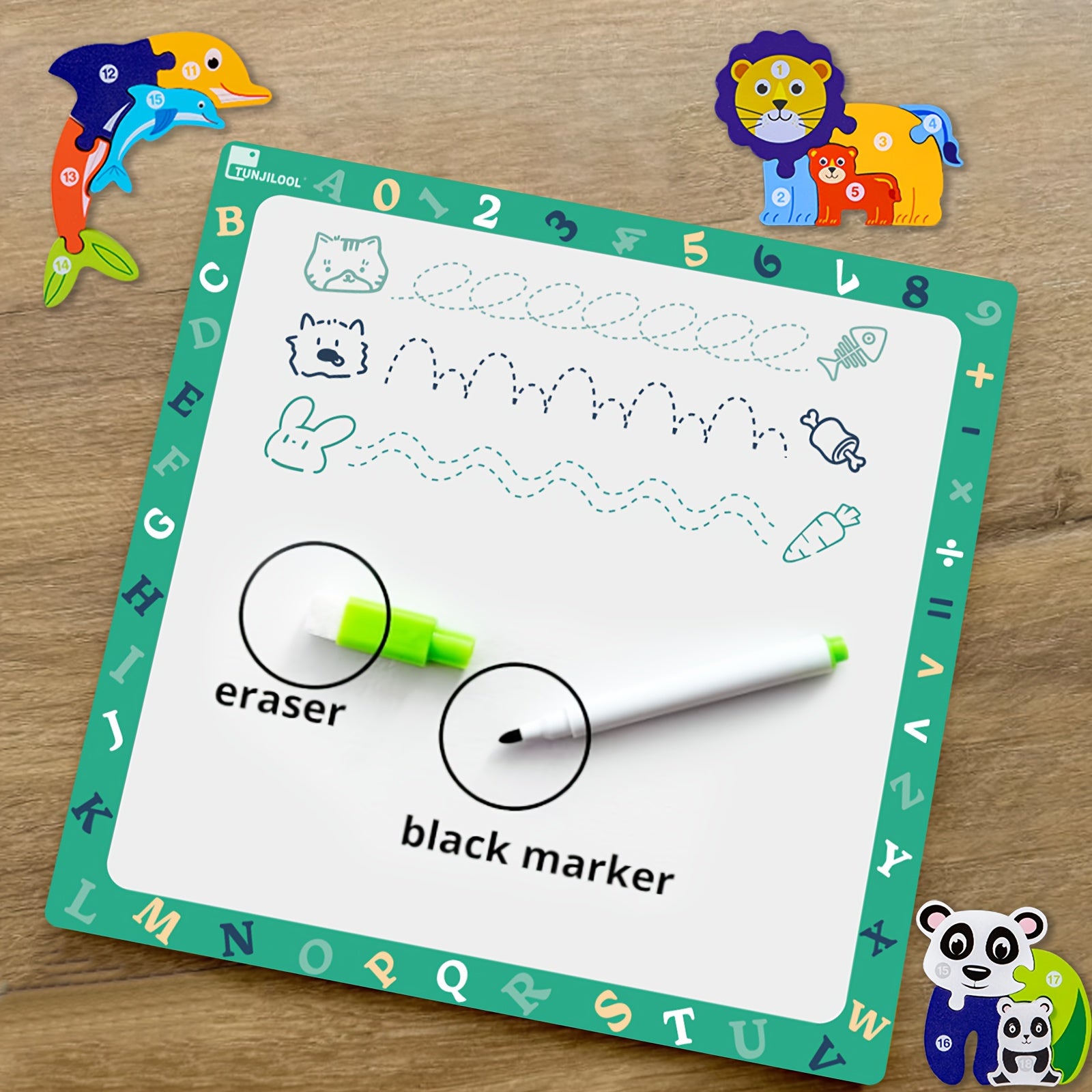 Wooden Animal Puzzle Toy with Reusable Drawing Board Educational Play