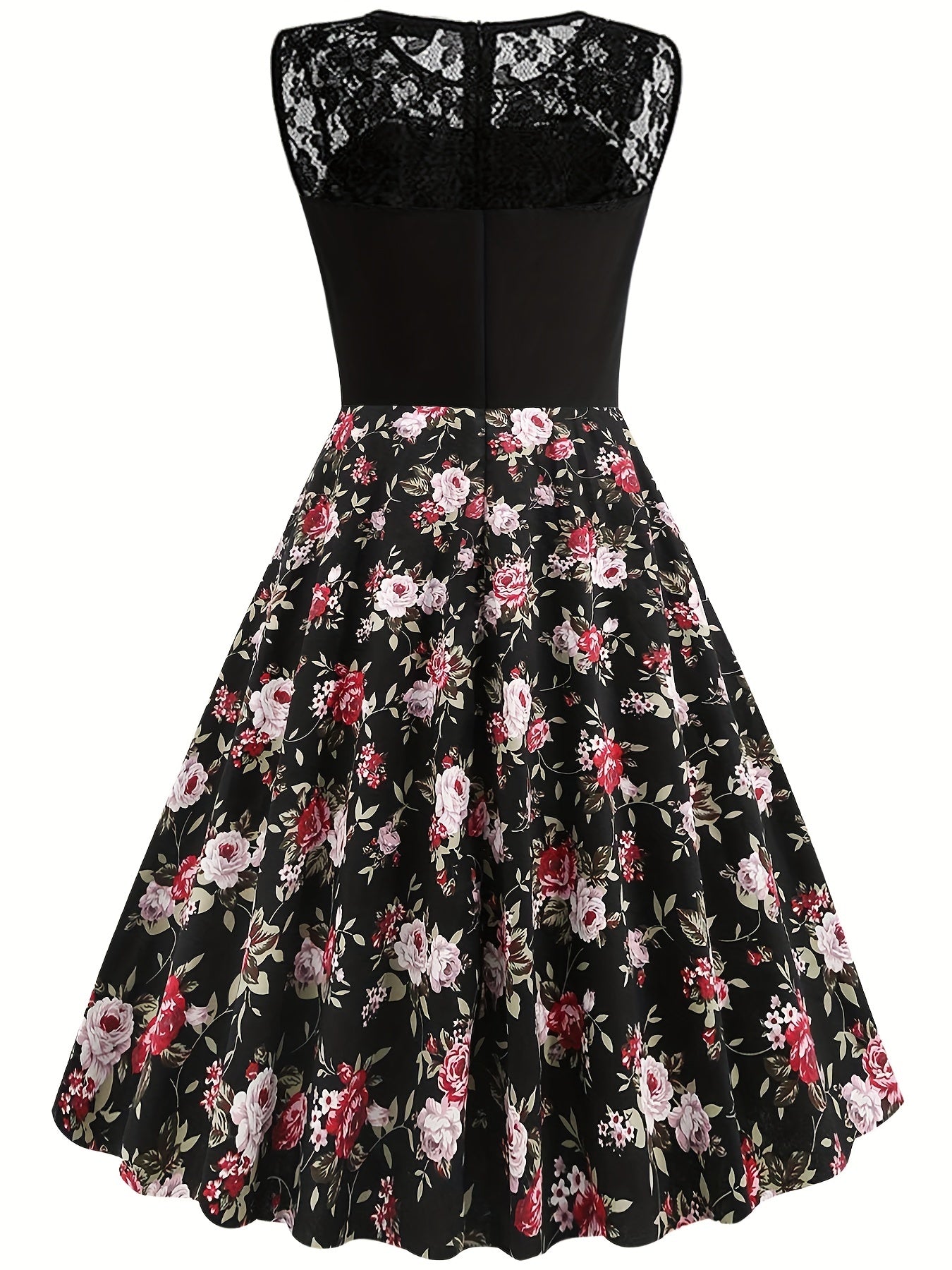 Vintage Dark Peony Sleeveless Dress Contrast Lace Print