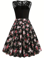 Vintage Dark Peony Sleeveless Dress Contrast Lace Print