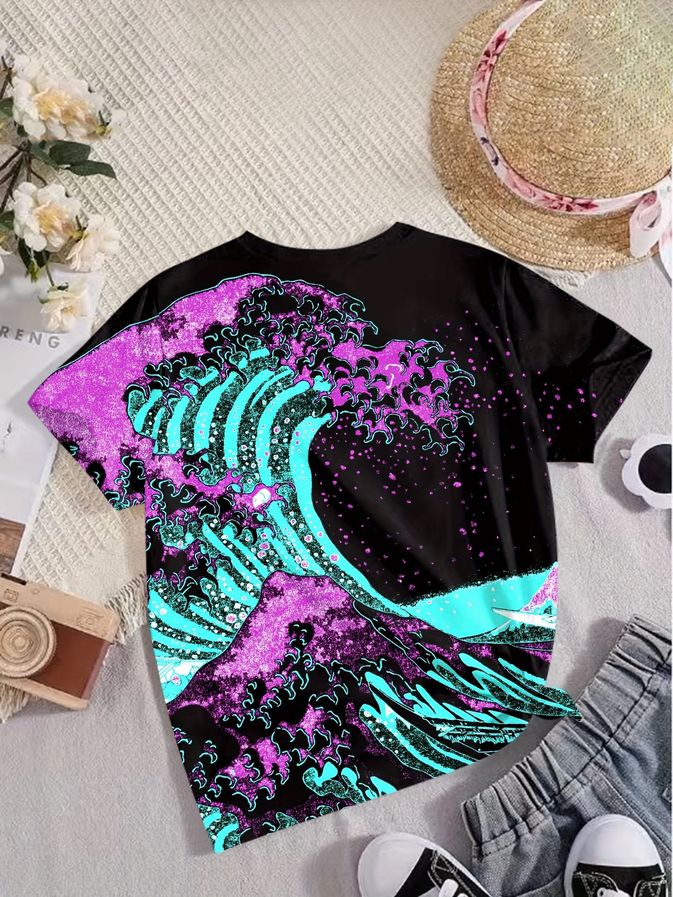 Sea Wave Print Short Sleeve T shirt Girls Comfy Pullover