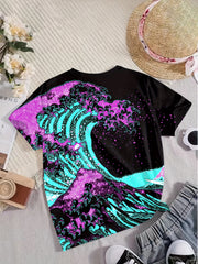 Sea Wave Print Short Sleeve T shirt Girls Comfy Pullover