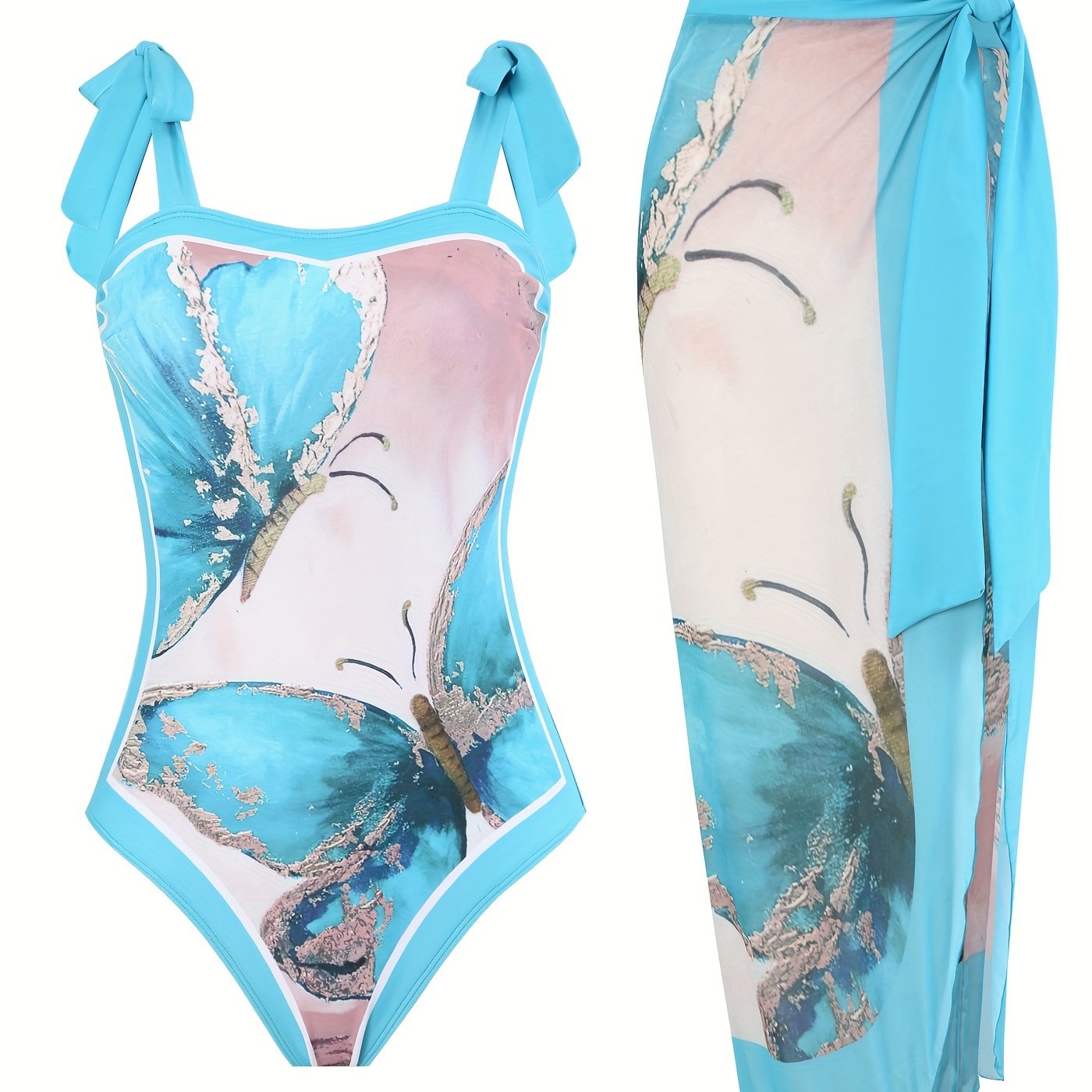 Butterfly Print One Piece Swimsuit & Cover Up Skirt