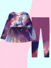 2pcs Unicorn Print Outfits Crew Neck Long Sleeve Top Pants Set