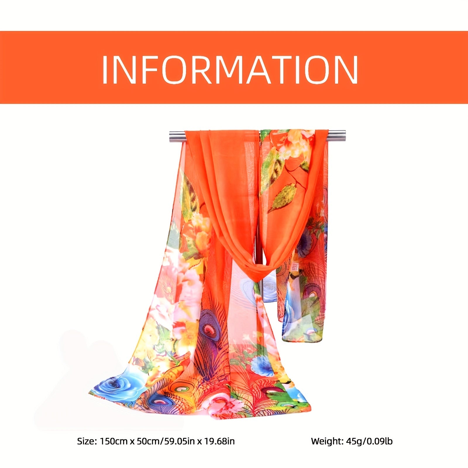 Peacock Print Chiffon Scarf for Women