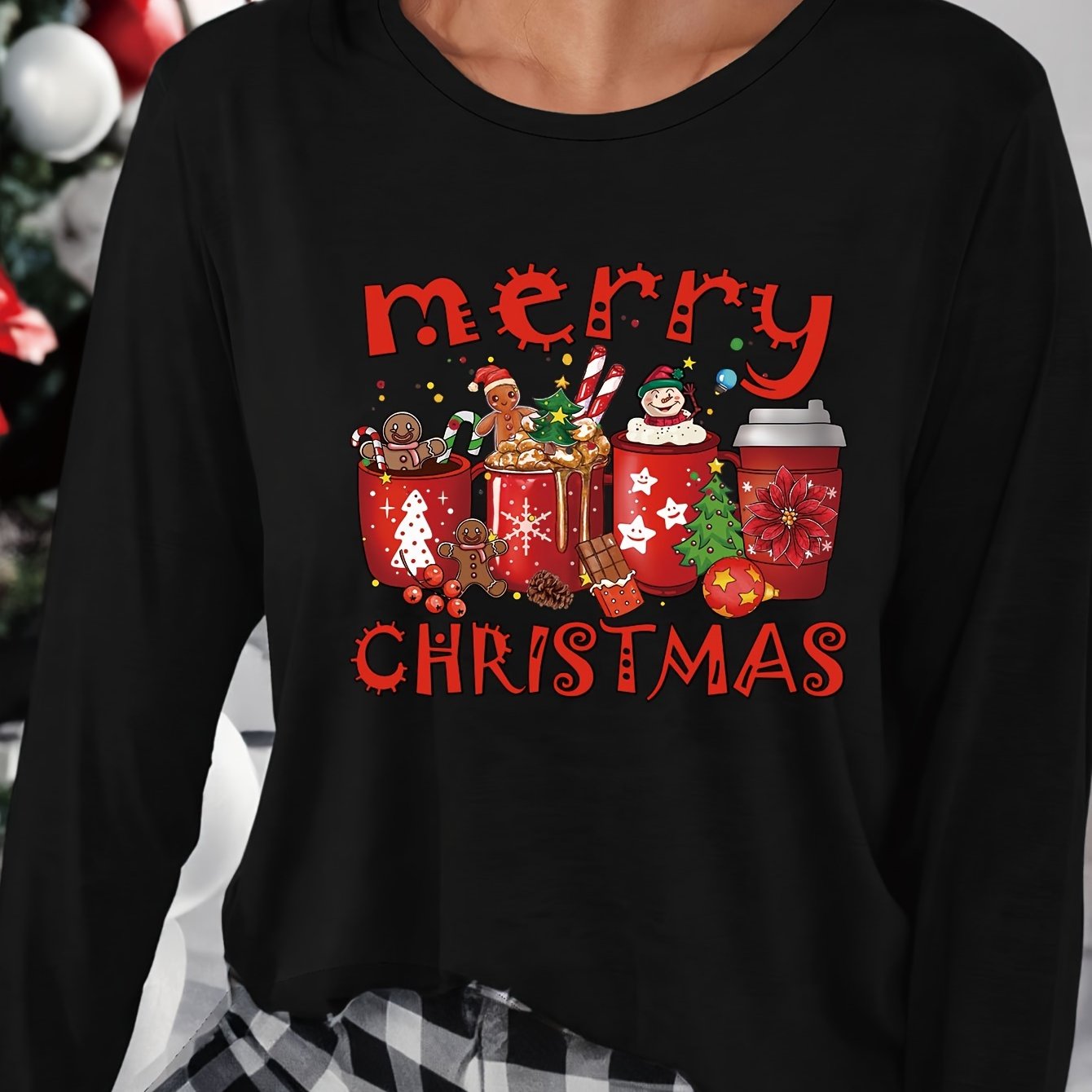 Christmas Print Lounge Top Long Sleeve Crew Neck Women's Loungewear
