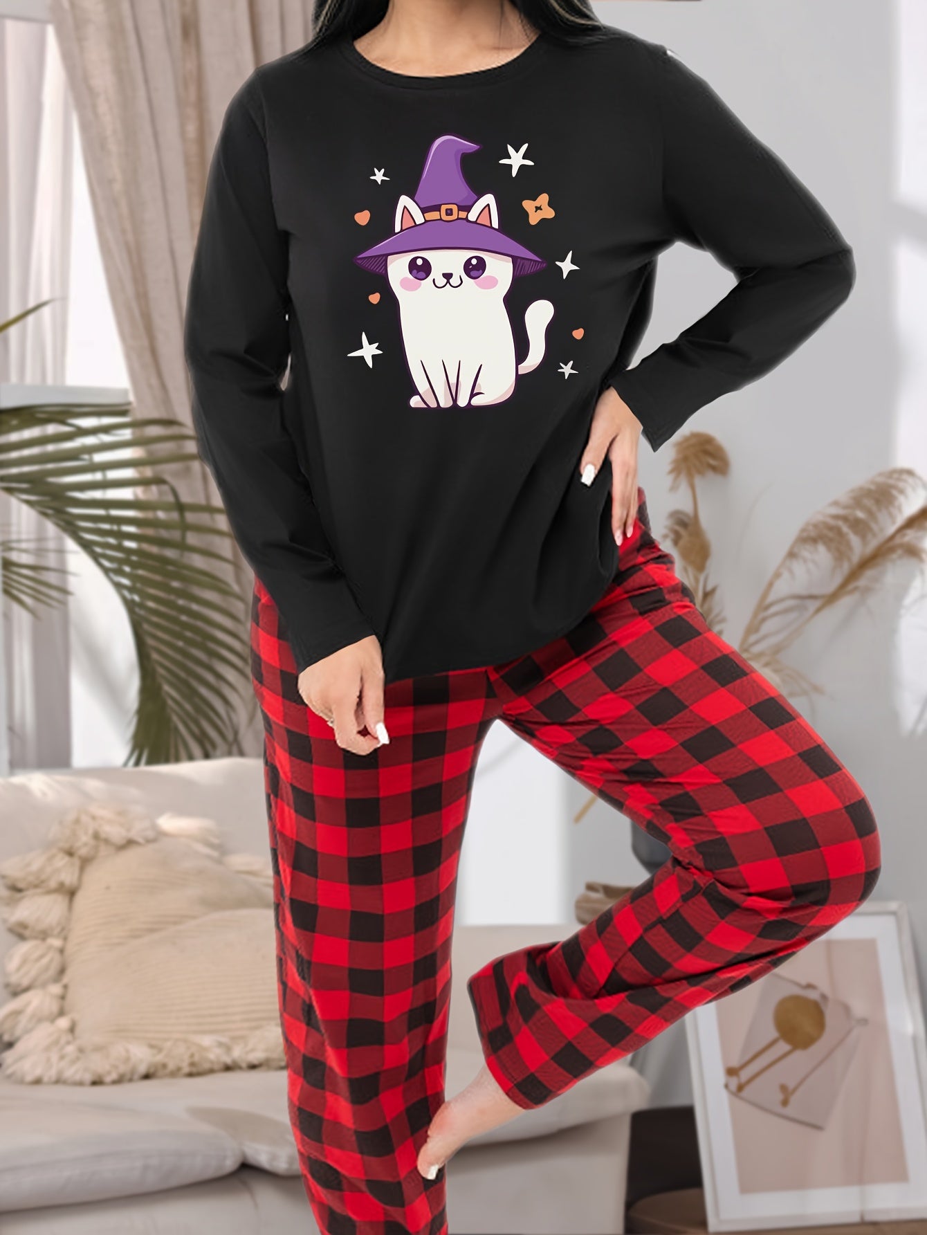 Witch Hat Cat Print Pajama Set