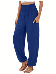 Solid Lantern Trousers with Shirred Waist