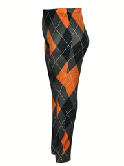 Casual Leggings Women's Plus Rhombus Print Medium Stretch Skinny Leggi