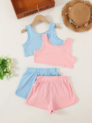 Girls Ribbed Crop Tank Top & Track Shorts Set Kids Summer Clothes