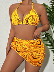 Sexy Bikini Set Women's Plus Fluid Print Swimsuit 3 Piece Set