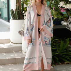 Boho Kimono Women's Plus Chain & Boat Print Long Sleeve Open Front