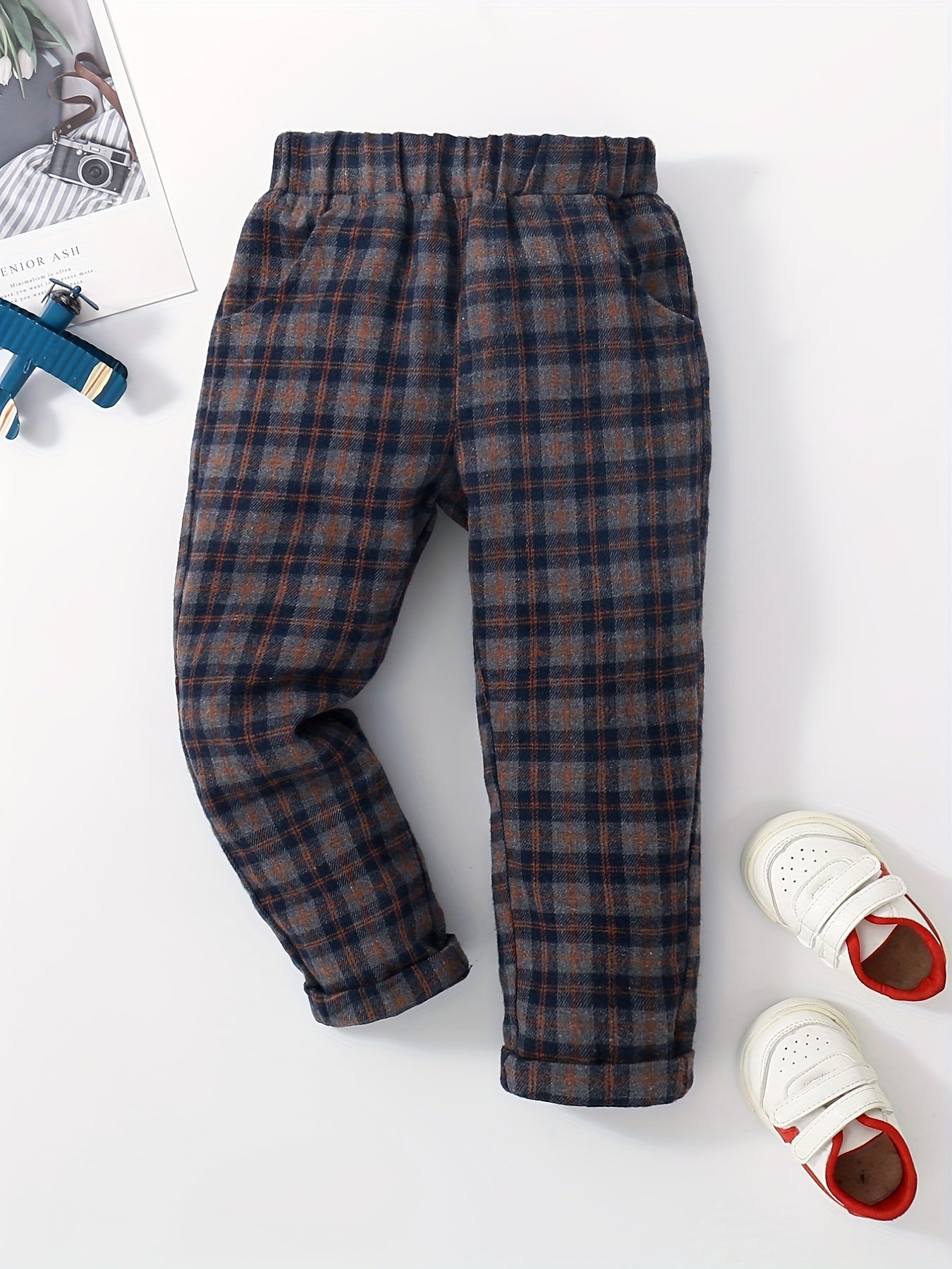 Boys Flannel Plaid Plush Pants Elastic Waist Kids Clothes