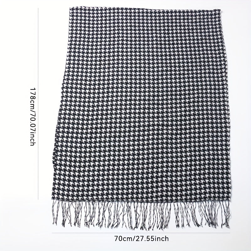 Houndstooth Fringe Trim Scarf Faux Cashmere Shawl Wrap