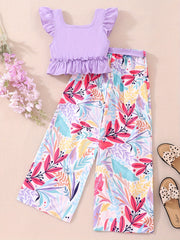 Girls Ruffle Top & Floral Print Pants 2pcs With Belt
