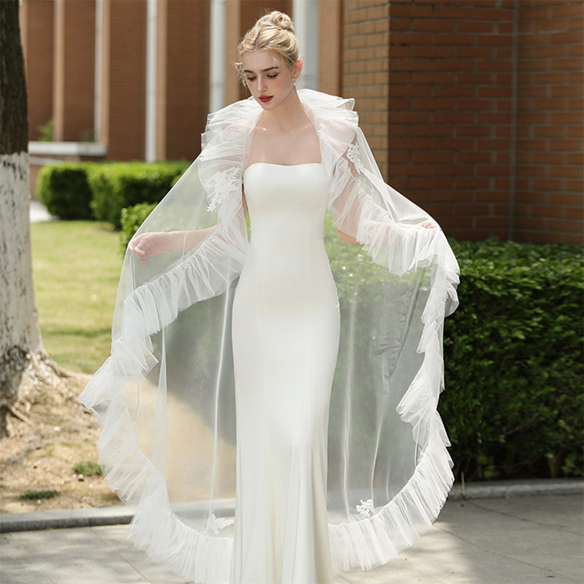Ruffled Mesh Bridal Veil with Floral Embellishments