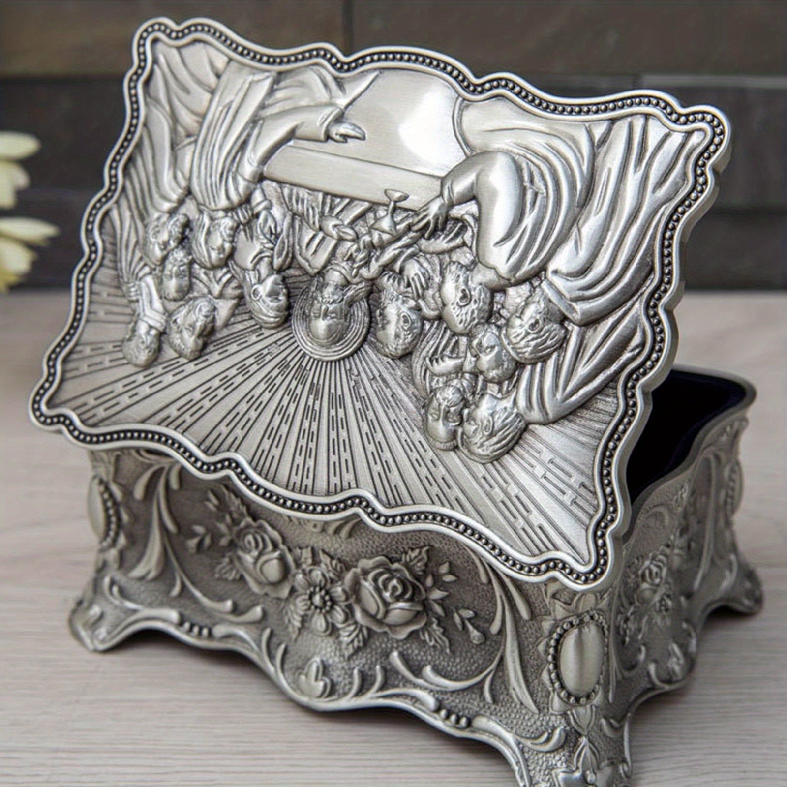 Vintage Jewelry Box Antique Silvery Trinket Box Rectangular Treasure Chest